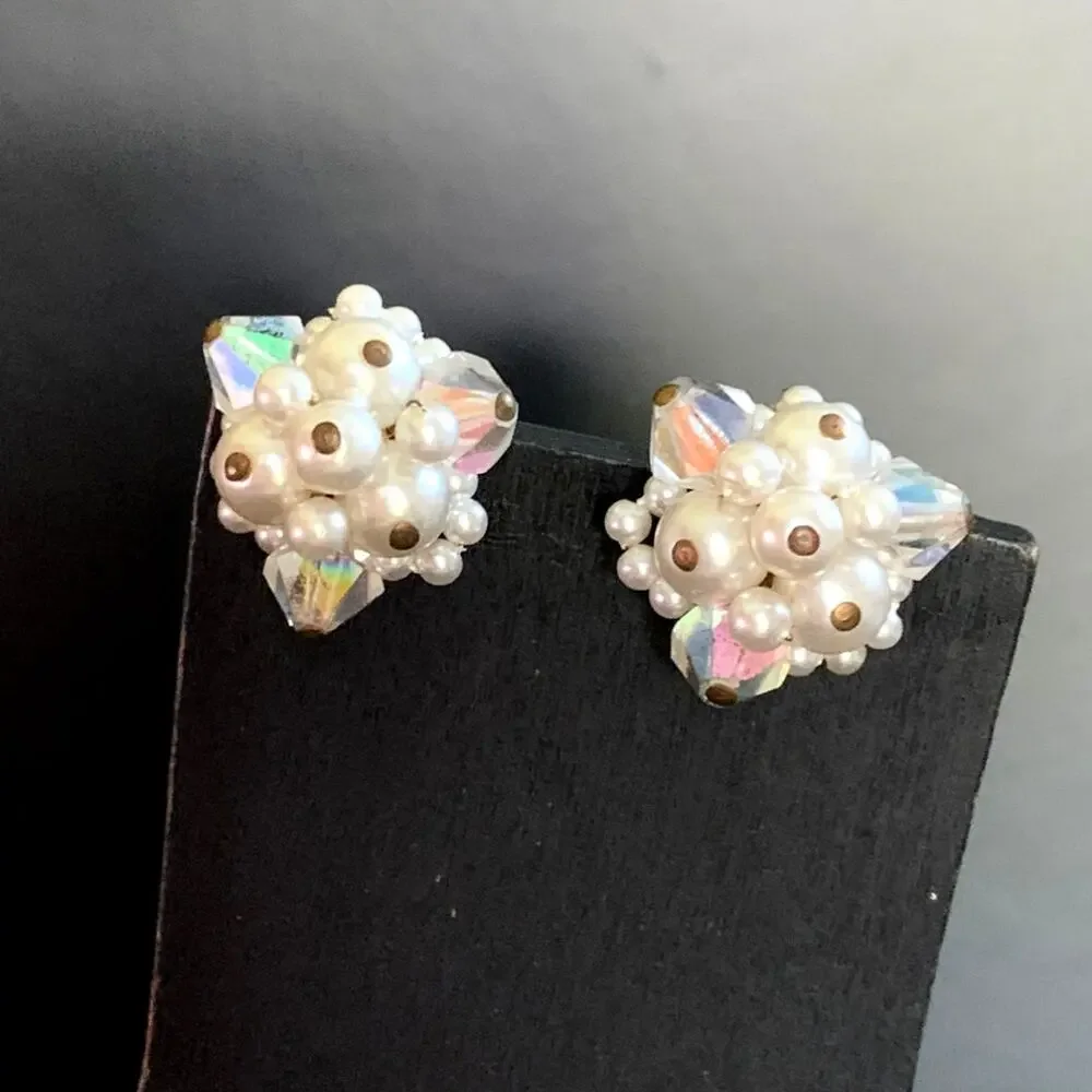 Vintage Japan Pearl Cluster Clip On Earrings AB Crystal Beaded